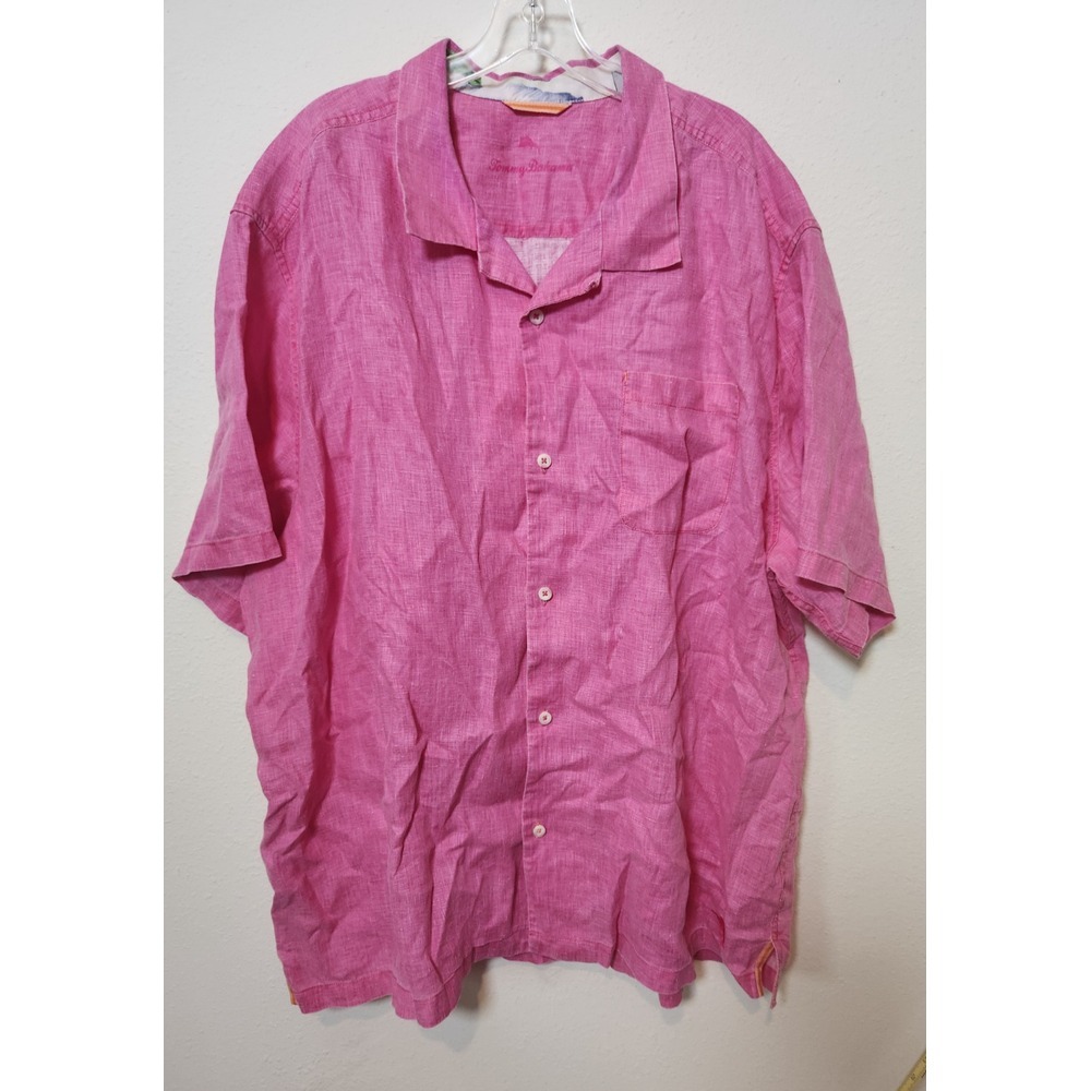Tommy Bahama 100% Linen Button Down Short Sleeve Shirt Pink Size XXL Embroidered